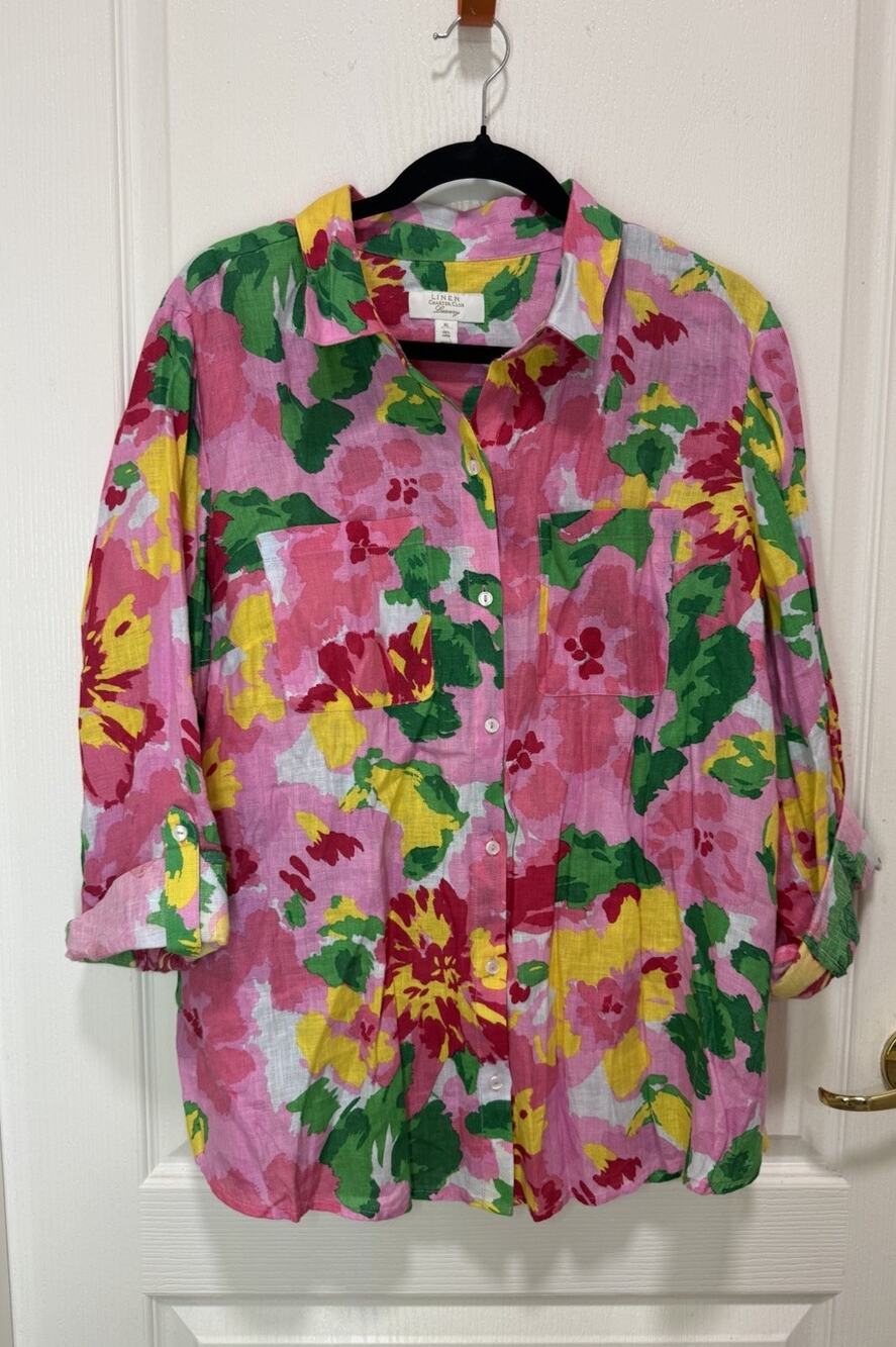 Charter Club Luxury 100% Linen Floral Button-Front Shirt XL Vibrant Top Coastal